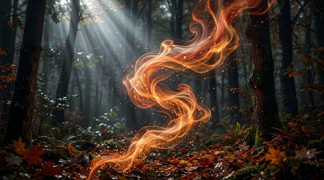 Mystical swirl of magical fire rising from autumn forest floor in sunbeams with mystical ethereal atmosphere abstract elemental spiritual enchanted
