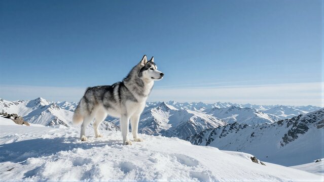 A majestic husky stands atop snowy peaks, gazing at distant mountain ranges under a clear blue sky.