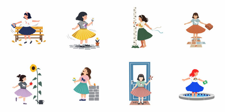 Set of flat vector illustrations featuring young girls in unicorn t-shirts engaged in various playful activities like gardening, playing hopscotch, and spinning around.