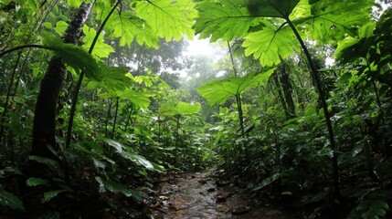 Fototapeta premium A verdant forest path lined with large, fan-shaped green leaves forming a natural canopy, bathed in soft sunlight