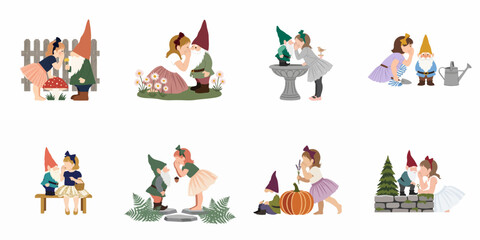 Fototapeta premium A whimsical collection of eight illustrations featuring a young girl whispering secrets to charming garden gnomes in various magical garden settings.