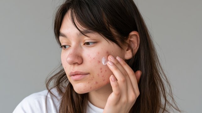 Young woman applying acne cream to irritated cheek in a clean studio close-up