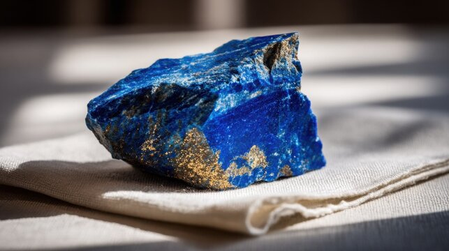Deep blue lapis lazuli specimen with golden pyrite flecks resting on fabric surface