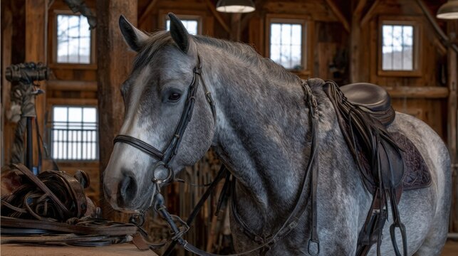 Dutiful grey gelding with a calm expression stands patiently in a rustic barn setting