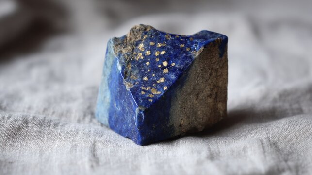 Deep blue lapis lazuli specimen with golden pyrite flecks on a textured surface