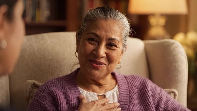 Elderly woman sitting comfortably in an armchair telling a story. Senior female in a purple cardigan smiling and talking to a friend in a cozy living room. Social interaction concept