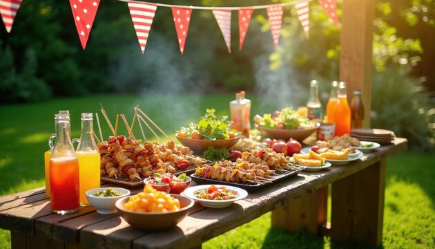 Outdoor garden buffet features grilled meat skewers, fresh vegetable salads on wooden table. Summer picnic party setup includes colorful juice drinks fruit bowls, bunting flags. Friends celebrate