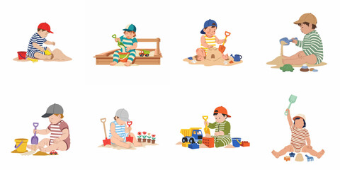 Fototapeta premium Set of eight flat vector illustrations of cute toddlers playing with sand, shovels, buckets, and toys in sandboxes and on the beach.