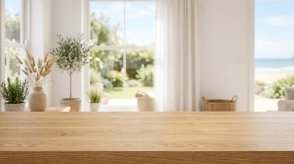 Fototapeta premium Empty Wooden Table Top Background with Blurred Bright Beach House Coastal Interior for Product Display Mockup Scene