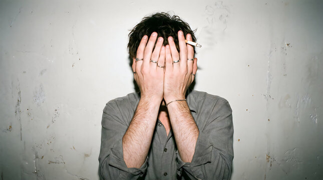 Man Covering Face with Hands and Holding a Cigarette