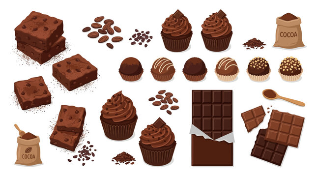 Conjunto de ilustra&ccedil;&otilde;es vetoriais com diversos doces de chocolate brownies cupcakes e barras de chocolate.
