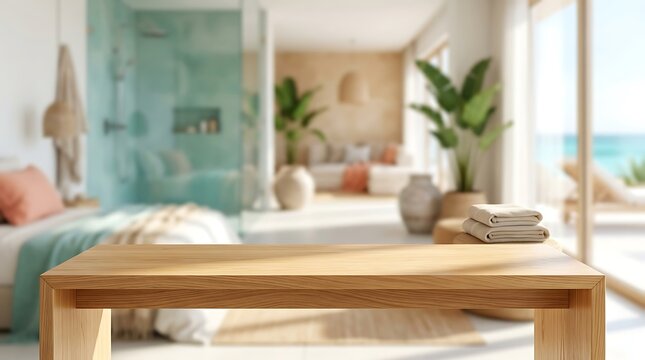 Empty Wooden Table Surface for Product Display with Blurred Luxury Tropical Beach Resort Hotel Room Interior Background