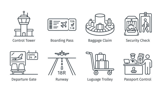 Ensemble d'ic&ocirc;nes lin&eacute;aires repr&eacute;sentant les services et infrastructures d'un a&eacute;roport international.