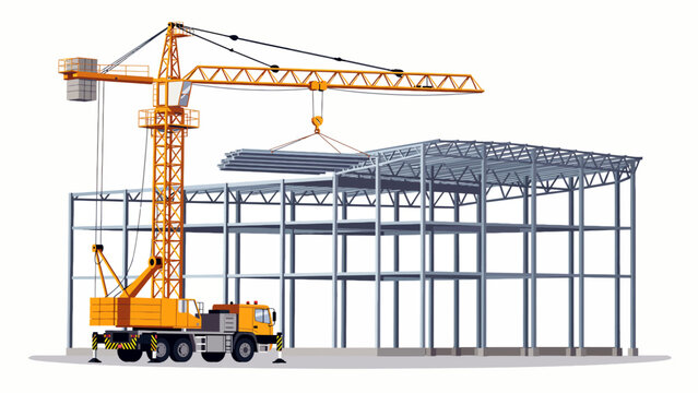 Illustration vectorielle d'une grue de chantier soulevant une poutre sur une structure m&eacute;tallique de b&acirc;timent.