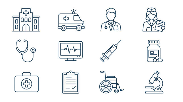 Ensemble d'ic&ocirc;nes lin&eacute;aires pour la m&eacute;decine et les soins de sant&eacute; sur fond blanc.
