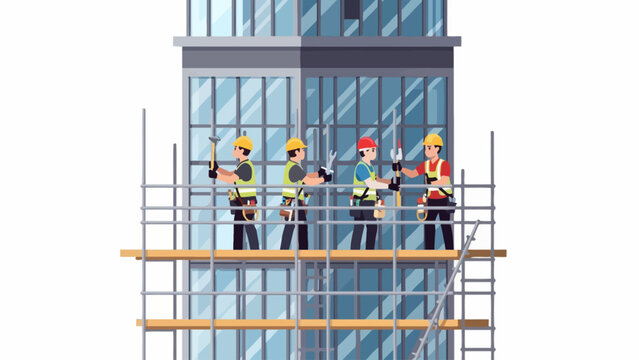 Illustration vectorielle d'ouvriers du b&acirc;timent travaillant sur un &eacute;chafaudage devant un gratte-ciel moderne.