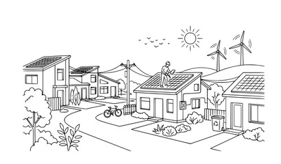Obraz premium Sustainable Neighborhood Line Art with Solar Panels Wind Turbines Smart Homes and Renewable Energy