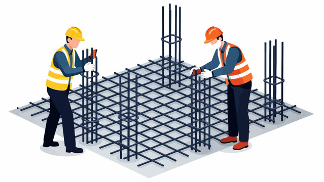 Illustration isom&eacute;trique d'ouvriers du b&acirc;timent travaillant sur une structure en acier pour les fondations.