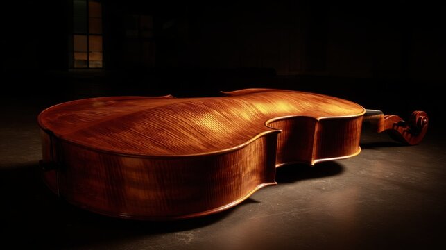 A Polished Mahogany Cello Body Gleaming Under Soft Spotlight