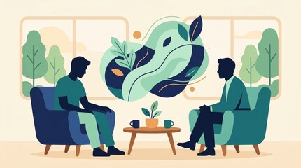 Fototapeta premium Two men sit in a therapy session discussing male fertility and reproductive health while surrounded by symbolic elements of wellness and nature.