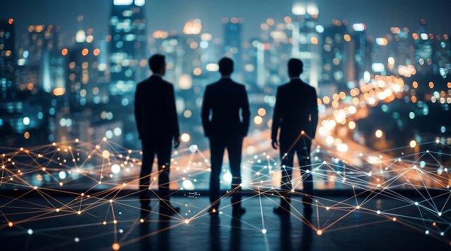 Silhouetted figures of business people stand against a backdrop of a blurred cityscape network. Concept for corporate partnership, technological innovation and global connectivity