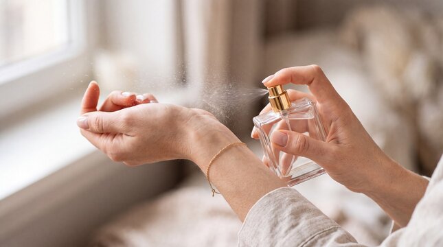 Close-up of woman's hands spraying luxury perfume on her wrist with visible mist in soft daylight