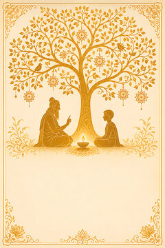 Elegant golden line art of a wise guru teaching a young disciple beneath an ornate tree, hanging mandalas, birds, glowing diya, and decorative cream border