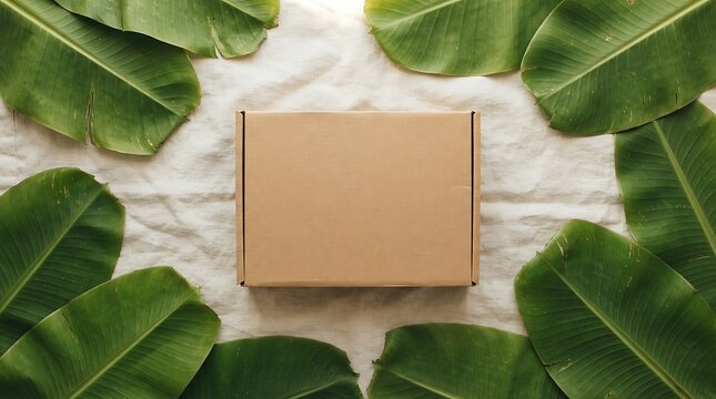 Packaging box is centered on a white linen surface framed by vibrant green tropical banana leaves in bright light.