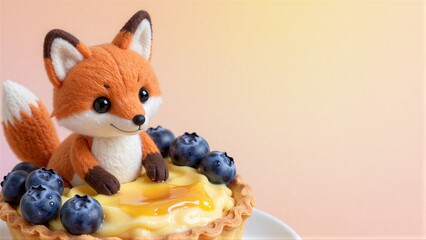 Fototapeta premium Adorable fox plush sits atop blueberry tart with a yolk centerpiece.
