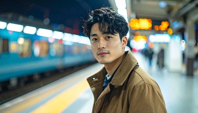 Asian man at train station. Young male traveler waiting for night train.