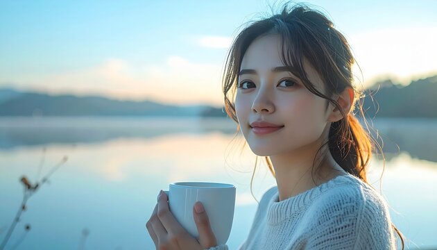 Young woman holding a coffee cup. Female enjoying sunrise at the lake.