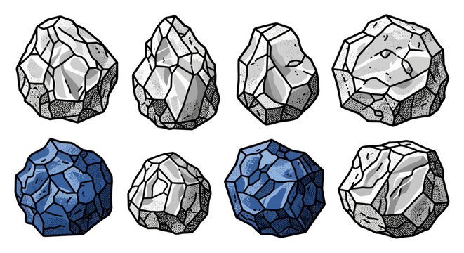 Vector illustration set of a collection of raw minerals, including silver ore chunks and blue sapphire gemstones, isolated on white