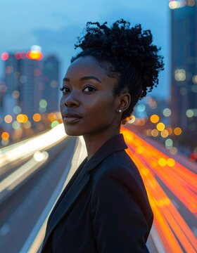 Confident Black woman professional in city at dusk. Stylish female entrepreneur gazing forward with urban motion blur background.