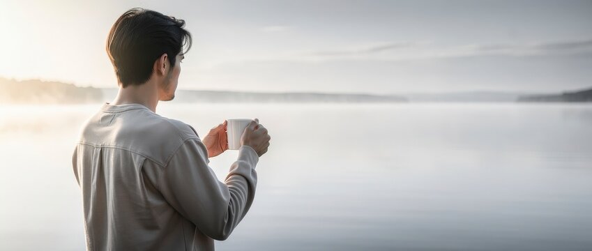 Man holding coffee cup by lake. Person enjoying morning view at sunrise.