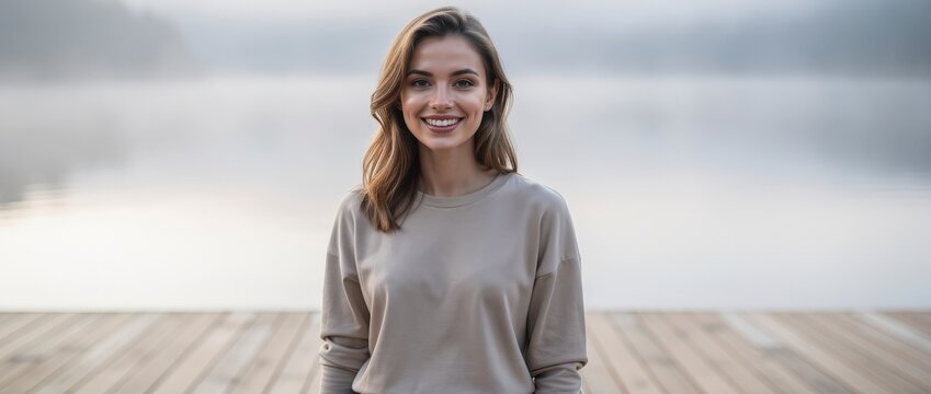 Young woman smiling outdoors. Happy girl standing on a wooden lake dock.