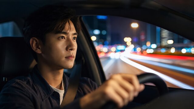 Young man driving a car at night. Asian male commuter traveling in city traffic.