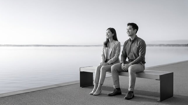 Couple sitting on a bench by the lake. Man and woman relaxing outdoors.