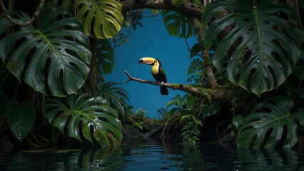Fototapeta premium Toucan perches on branch framed by lush green leaves above calm water.