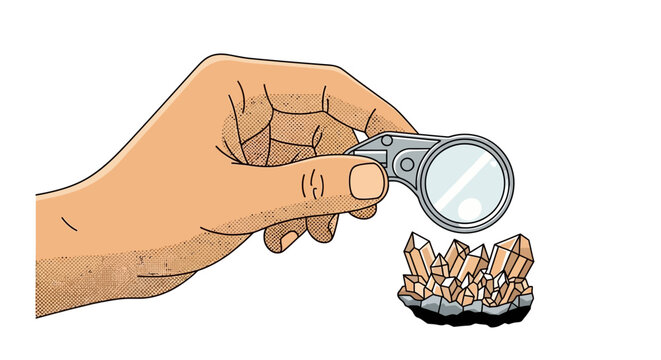 Illustration of a geologist hand holding a magnifying glass to inspect orange quartz crystal cluster, professional mineralogy tool vector design