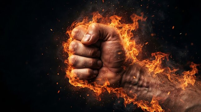 Fist clenched tightly glows with vibrant yellow and orange flames against a deep black background that highlights the skin texture.