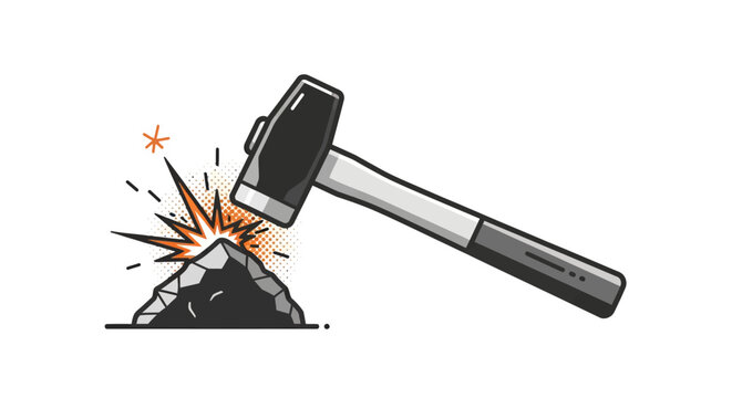 Vector illustration of a sledgehammer hitting a stone with orange sparks, representing mining, geology work, or crushing rock on white background