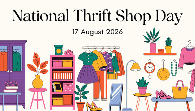 Colorful illustration celebrating national thrift shop day with vintage clothes items
