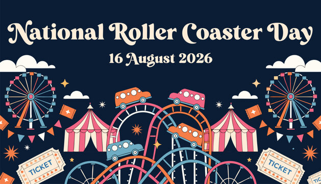 National roller coaster day celebration featuring colorful amusement park ride graphics