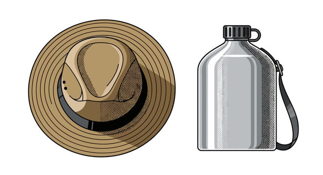 Vector illustration of a geologist's wide brim hat and metal canteen, perfect for outdoor exploration, hiking, and travel adventure gear