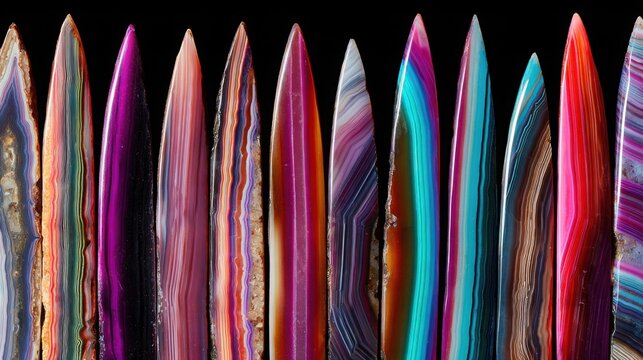 Precisely Cut Polished Agate Slices Showcase Vibrant Linear Patterns Against a Dark Background