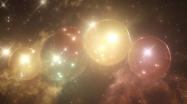 Radiant energy-filled spheres suspended within a swirling cosmic nebula, showcasing the beauty and mystery of deep space exploration.