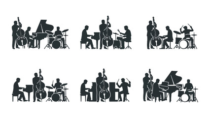Jazz Band Silhouette Set: Musicians Playing Piano, Double Bass, Drums © Rido