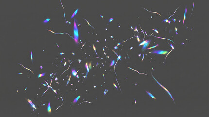 Obraz premium Abstract holographic light shards and rainbow prismatic fragments floating on a dark grainy fiber paper textured background