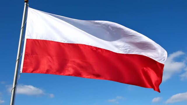 Polish flag waving in the blue sky, symbol of Poland