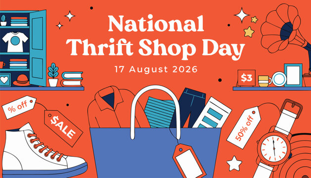 Bright orange graphic banner celebrating national thrift shop day event